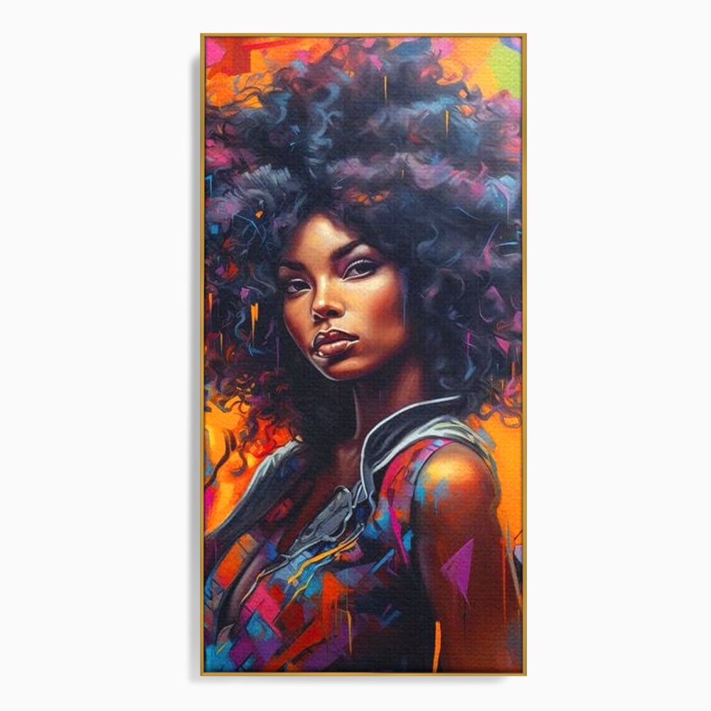 Tablou canvas cu tablou canvas cu portret urban afro, in rama de aluminiu auriu